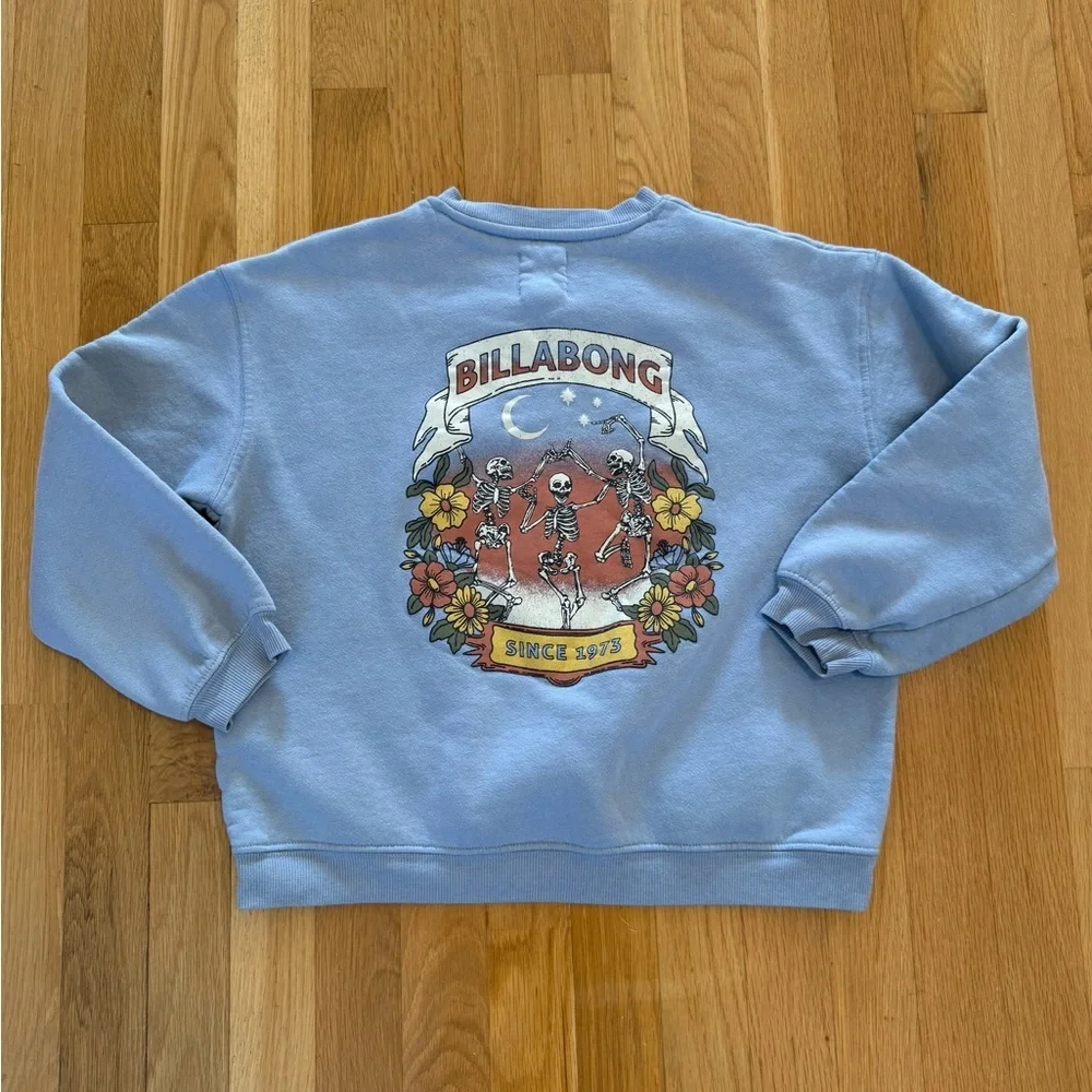 Billabong Women's Small Blue Crewneck Sweatshirt  Floral & Skeleton Graphic - Picture 4 of 6